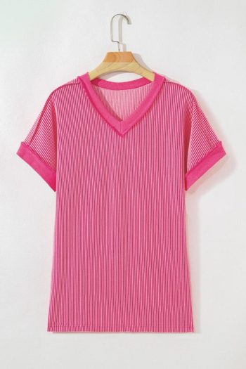Women T Shirts | Rose Red Twisted Ribbed Knit Patchwork V Neck Casual Tee