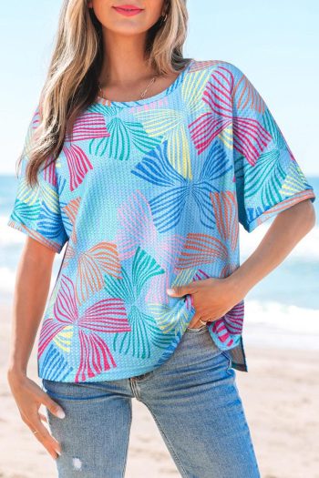 Women T Shirts | Sky Blue Bowknot Print Waffle Loose Tee