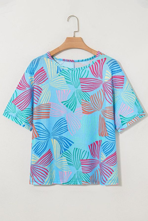 Women T Shirts | Sky Blue Bowknot Print Waffle Loose Tee - Image 2