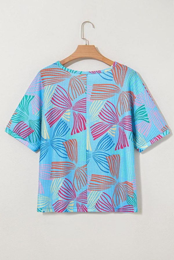 Women T Shirts | Sky Blue Bowknot Print Waffle Loose Tee - Image 3