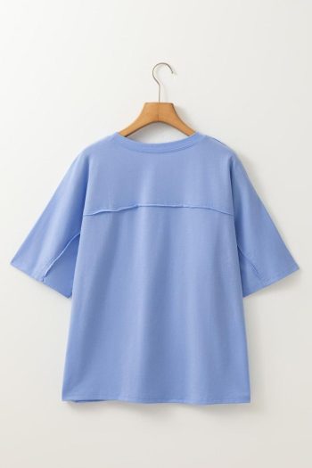 Women T Shirts | Sky Blue Flower Patched Exposed Stitching Trim Loose Tee