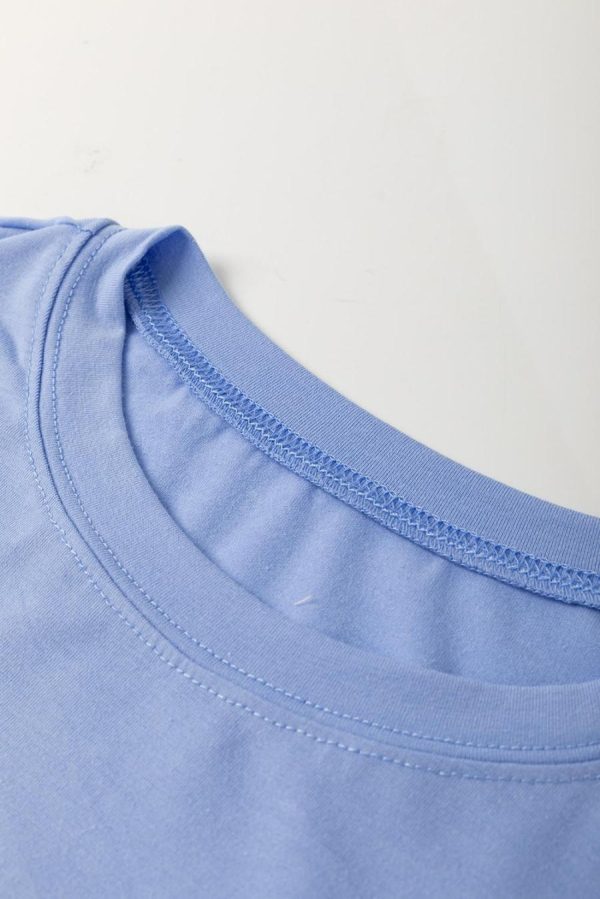 Women T Shirts | Sky Blue Flower Patched Exposed Stitching Trim Loose Tee - Image 2