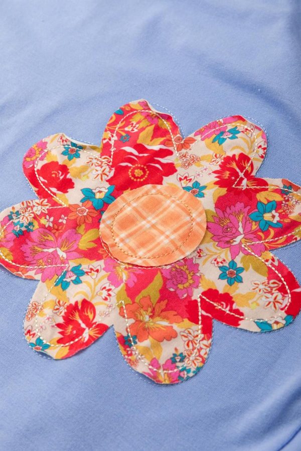 Women T Shirts | Sky Blue Flower Patched Exposed Stitching Trim Loose Tee - Image 4