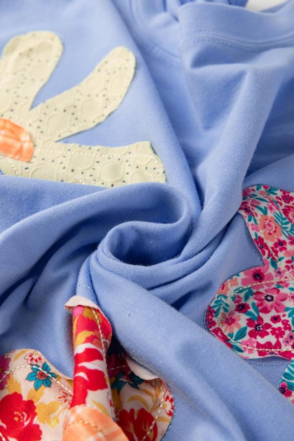 Women T Shirts | Sky Blue Flower Patched Exposed Stitching Trim Loose Tee - Image 5