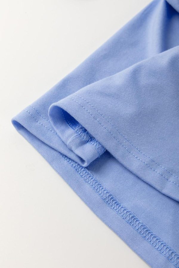 Women T Shirts | Sky Blue Flower Patched Exposed Stitching Trim Loose Tee - Image 6