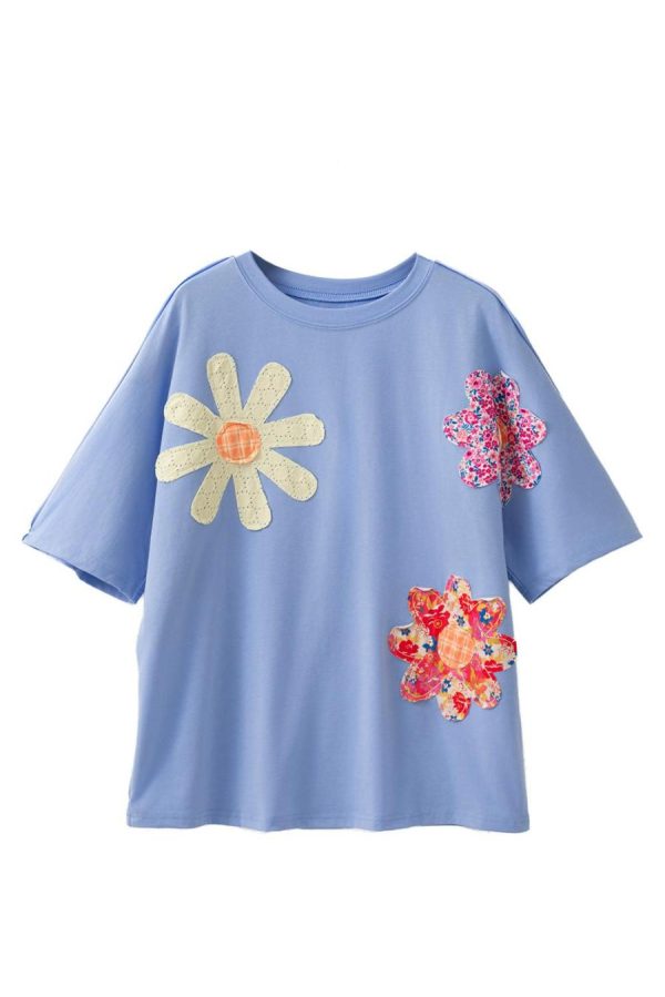 Women T Shirts | Sky Blue Flower Patched Exposed Stitching Trim Loose Tee - Image 7