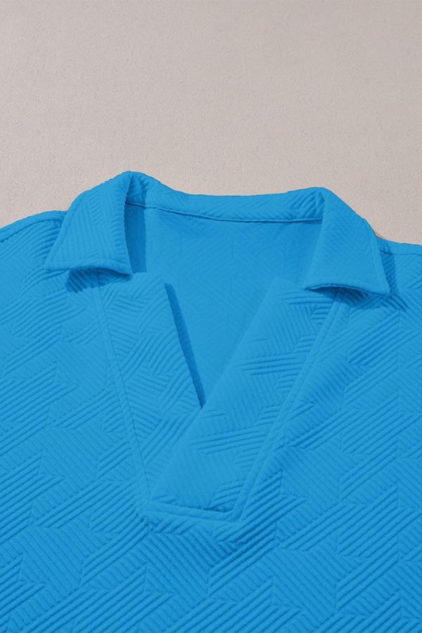 Women T Shirts | Sky Blue Textured V Neck Collared Slit Hem T Shirt - Image 4