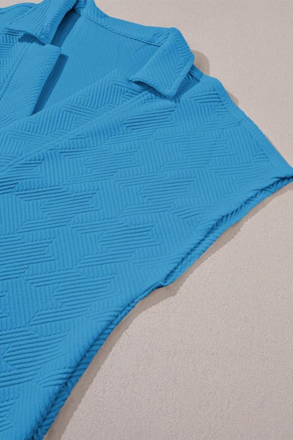 Women T Shirts | Sky Blue Textured V Neck Collared Slit Hem T Shirt - Image 6