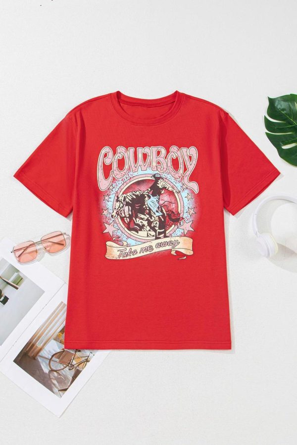 Women T Shirts | Tomato Red Cowboy Vintage Graphic Loose Tee - Image 2