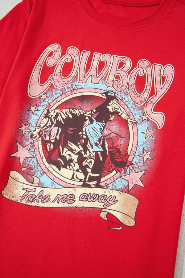 Women T Shirts | Tomato Red Cowboy Vintage Graphic Loose Tee - Image 7