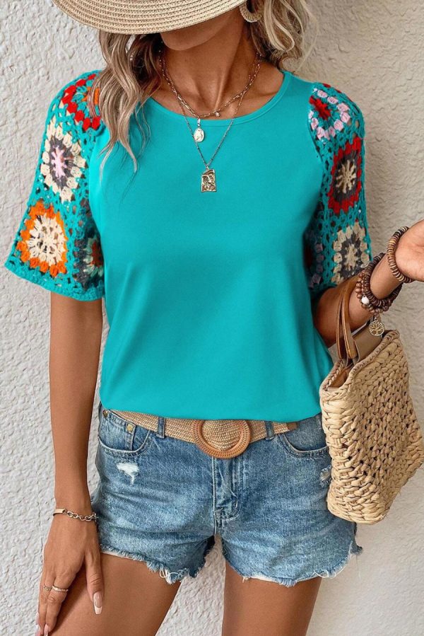 Women T Shirts | Turquoise Boho Hollowed Floral Crochet Sleeve T Shirt - Image 2