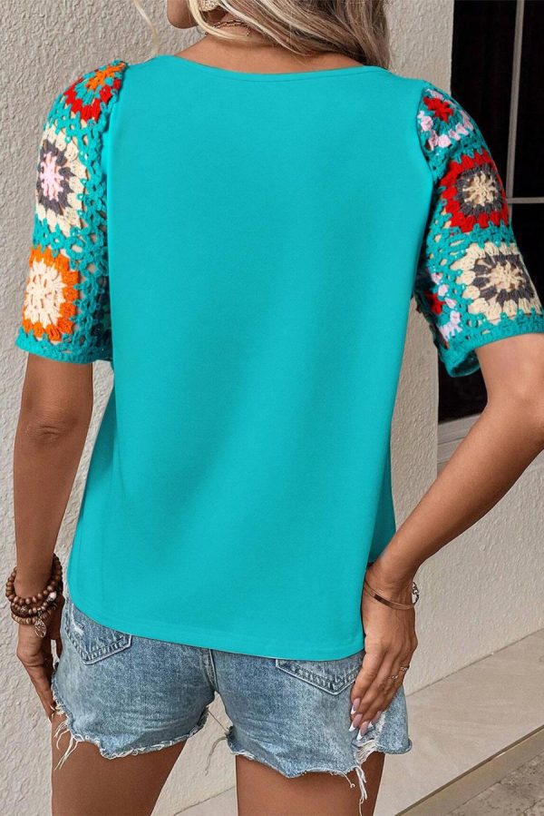 Women T Shirts | Turquoise Boho Hollowed Floral Crochet Sleeve T Shirt - Image 3