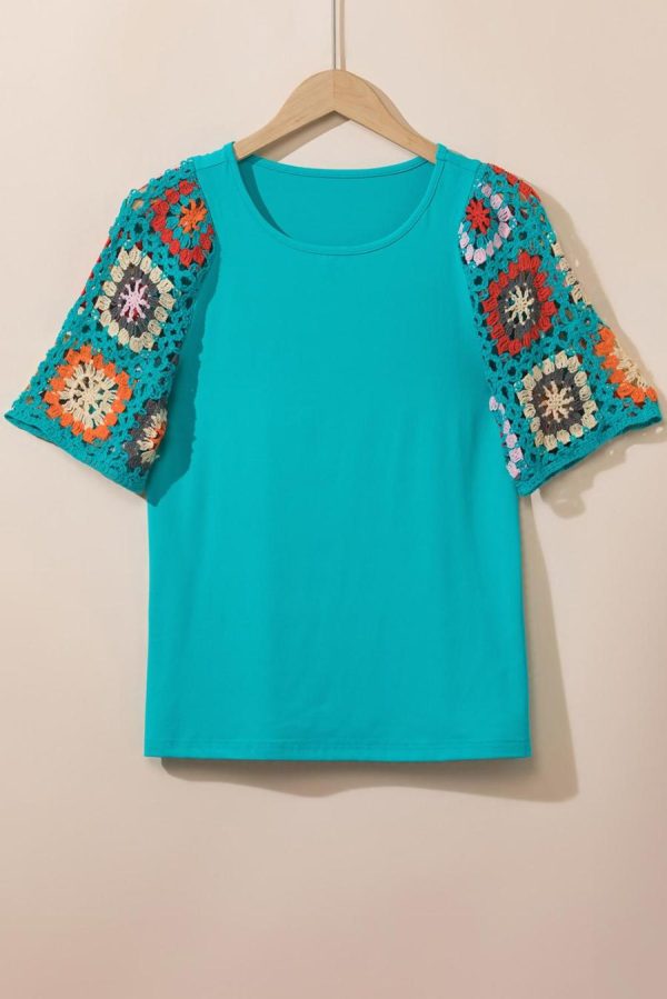 Women T Shirts | Turquoise Boho Hollowed Floral Crochet Sleeve T Shirt - Image 4
