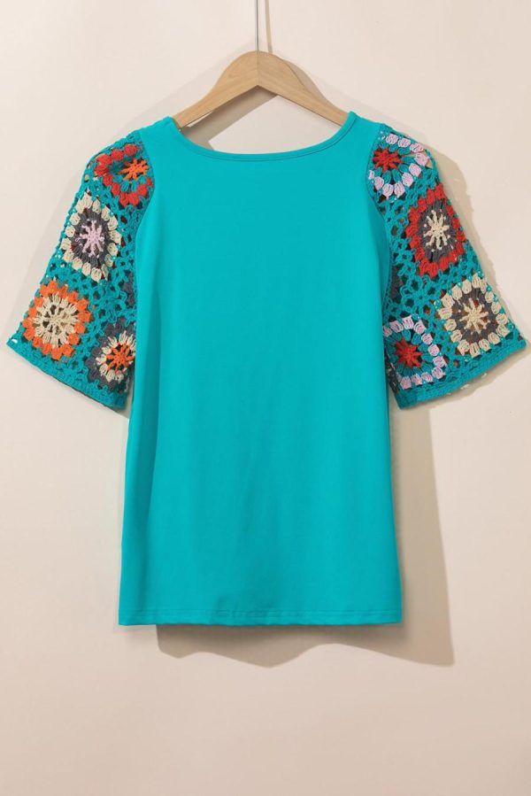 Women T Shirts | Turquoise Boho Hollowed Floral Crochet Sleeve T Shirt - Image 5