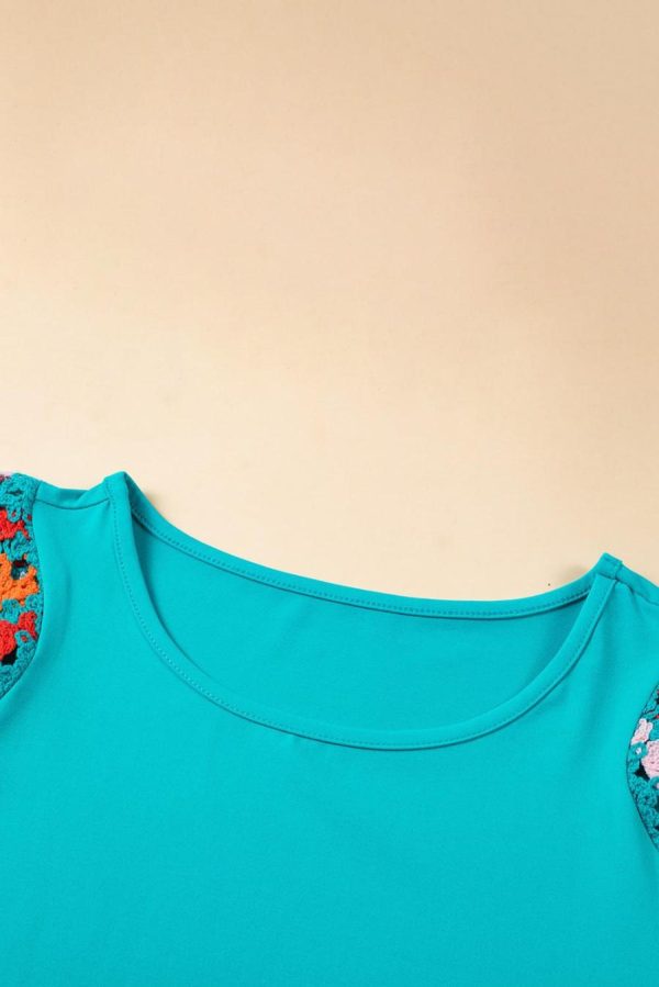 Women T Shirts | Turquoise Boho Hollowed Floral Crochet Sleeve T Shirt - Image 6