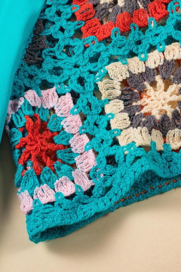Women T Shirts | Turquoise Boho Hollowed Floral Crochet Sleeve T Shirt - Image 7