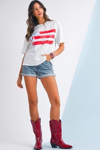 Women T Shirts | White Flag Bow Graphic Crewneck Tee