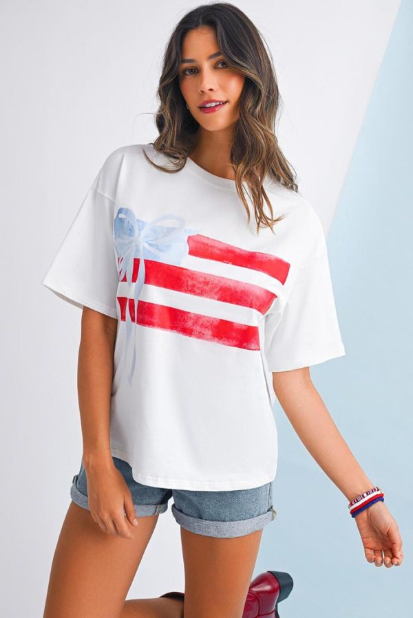 Women T Shirts | White Flag Bow Graphic Crewneck Tee - Image 2