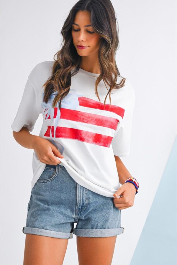 Women T Shirts | White Flag Bow Graphic Crewneck Tee - Image 3