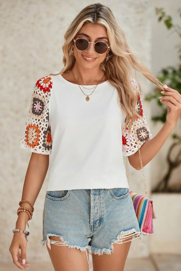 Women T Shirts | White Floral Hollowed Crochet Sleeve Boho T Shirt - Image 2