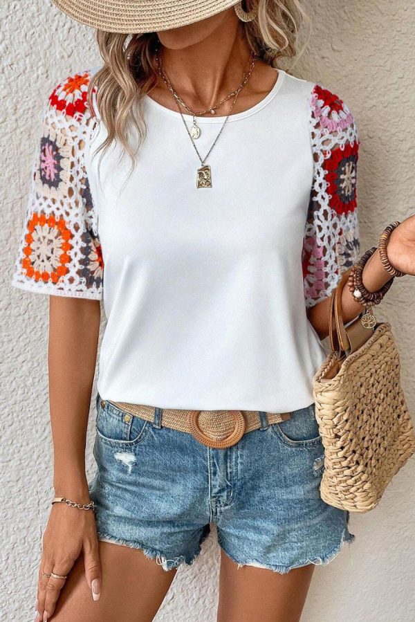 Women T Shirts | White Floral Hollowed Crochet Sleeve Boho T Shirt - Image 6