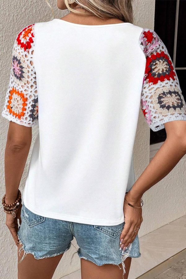 Women T Shirts | White Floral Hollowed Crochet Sleeve Boho T Shirt - Image 7