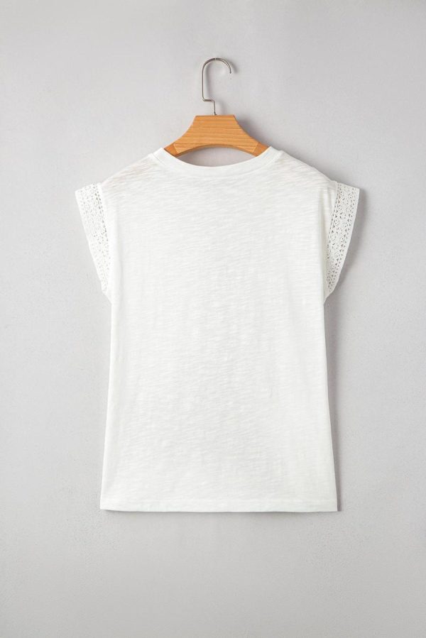 Women T Shirts | White Lace Patchwork Cap Sleeve Round Neck Top - Image 5