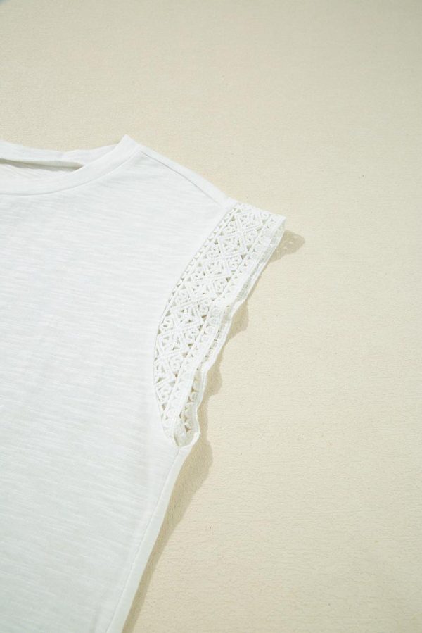 Women T Shirts | White Lace Patchwork Cap Sleeve Round Neck Top - Image 7