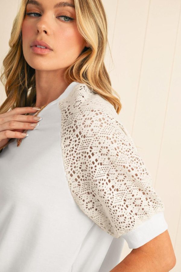 Women T Shirts | White Lace Patchwork Short Sleeve Round Neck T Shirt - Image 5