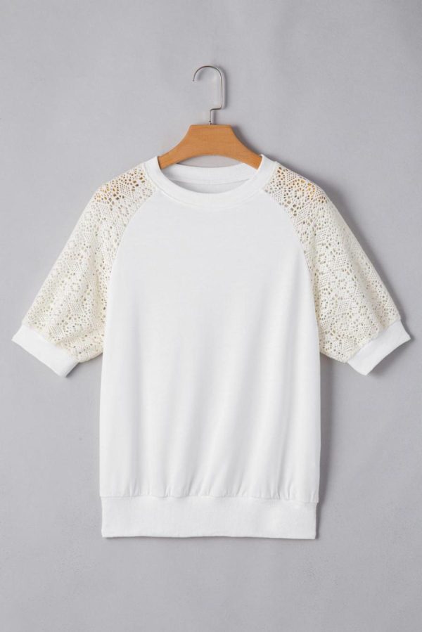 Women T Shirts | White Lace Patchwork Short Sleeve Round Neck T Shirt - Image 6