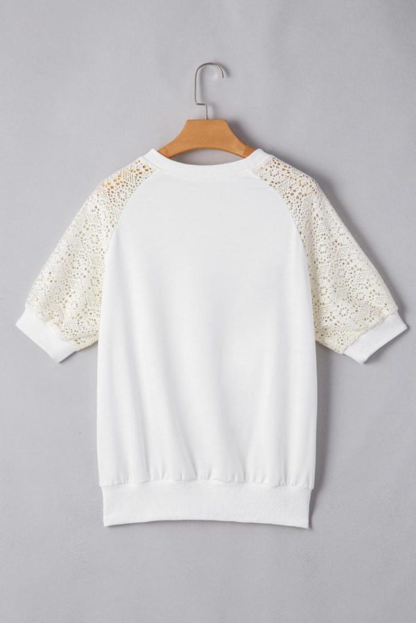 Women T Shirts | White Lace Patchwork Short Sleeve Round Neck T Shirt - Image 7