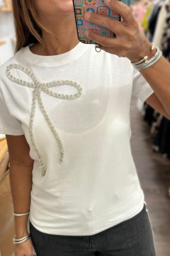 Women T Shirts | White Rhinestone Bow Embellished Crew Neck Tee