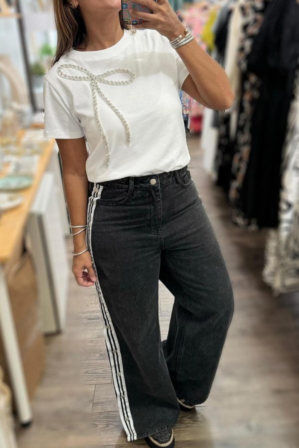 Women T Shirts | White Rhinestone Bow Embellished Crew Neck Tee - Image 2