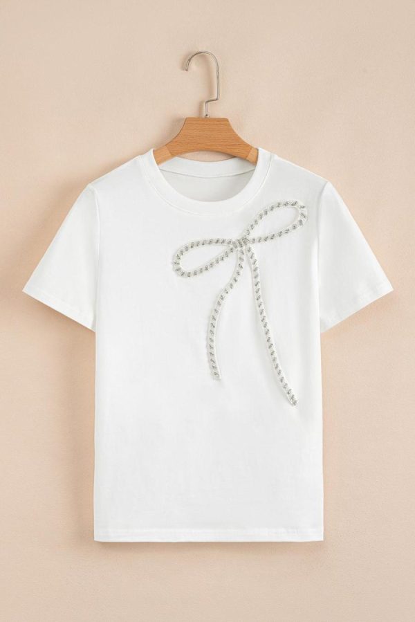 Women T Shirts | White Rhinestone Bow Embellished Crew Neck Tee - Image 3