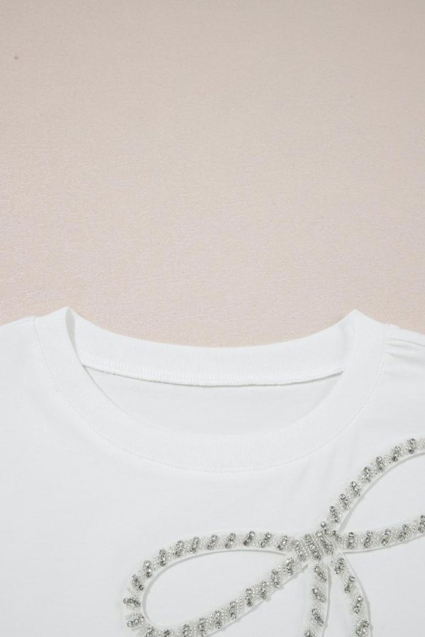 Women T Shirts | White Rhinestone Bow Embellished Crew Neck Tee - Image 5