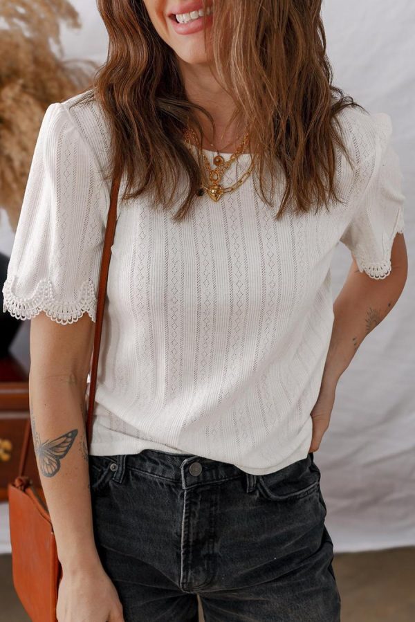 Women T Shirts | White Scalloped Lace Trim Jacquard Textured T Shirt
