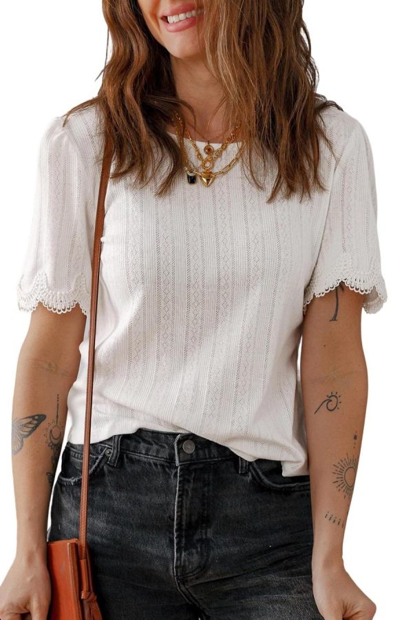Women T Shirts | White Scalloped Lace Trim Jacquard Textured T Shirt - Image 3