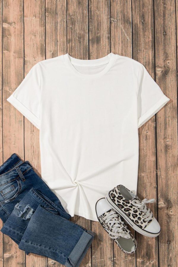 Women T Shirts | White Solid Color Basic Crew Neck Plain Tee - Image 3
