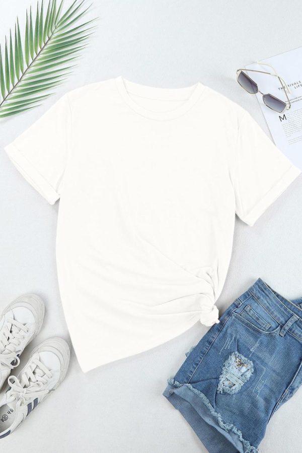 Women T Shirts | White Solid Color Basic Crew Neck Plain Tee - Image 6