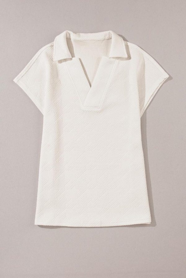 Women T Shirts | White Textured V Neck Collared Split Hem T Shirt - Image 4