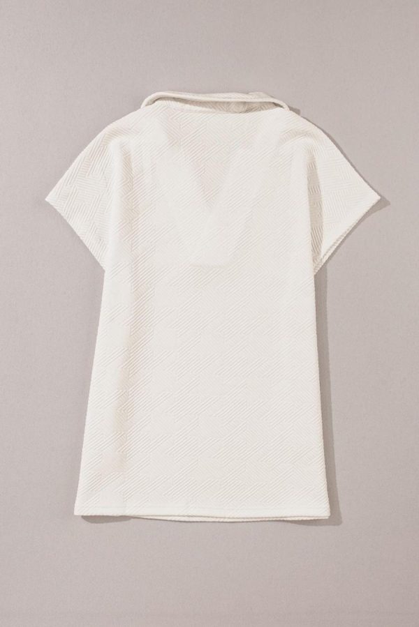 Women T Shirts | White Textured V Neck Collared Split Hem T Shirt - Image 5
