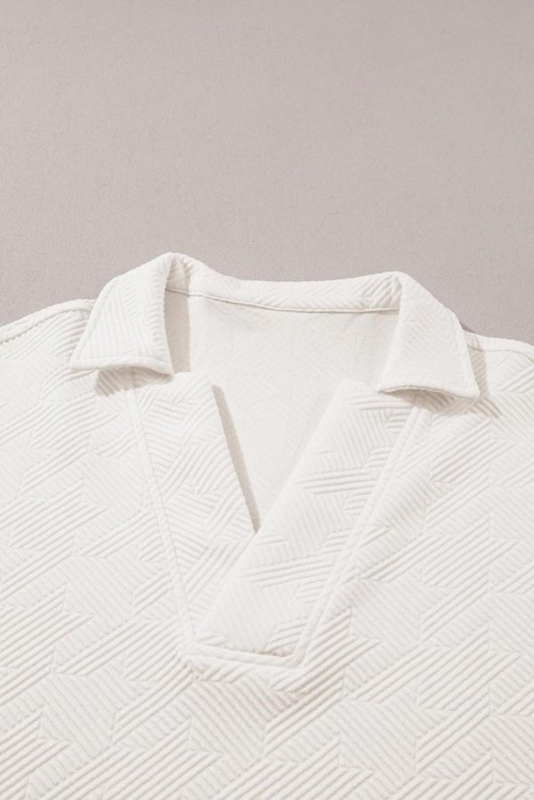 Women T Shirts | White Textured V Neck Collared Split Hem T Shirt - Image 6