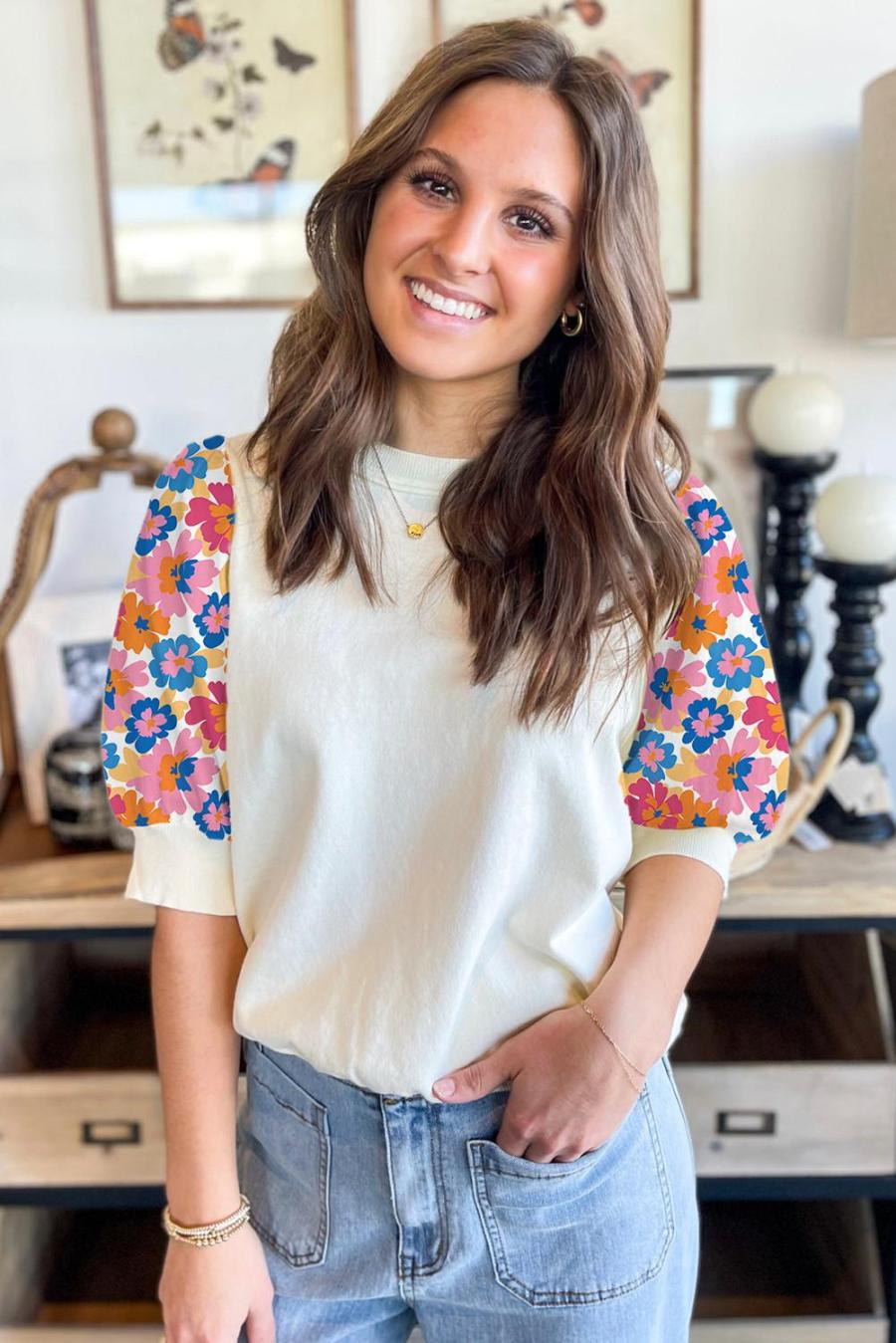 Women Blouses | Beige Floral Puff Sleeve Patchwork Round Neck Top