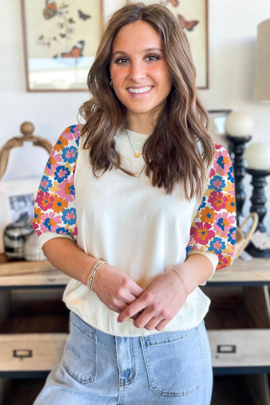 Women Blouses | Beige Floral Puff Sleeve Patchwork Round Neck Top