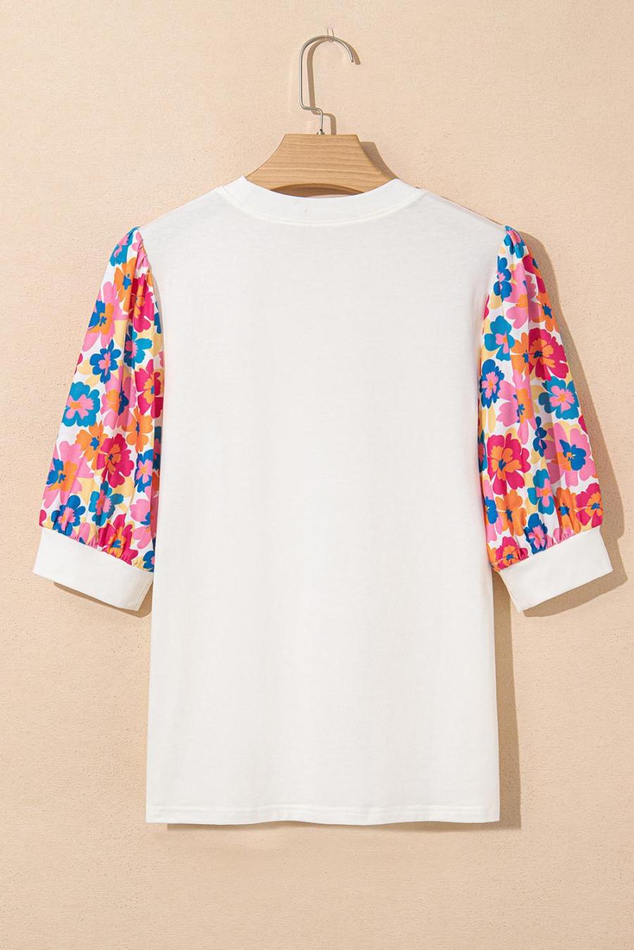Women Blouses | Beige Floral Puff Sleeve Patchwork Round Neck Top