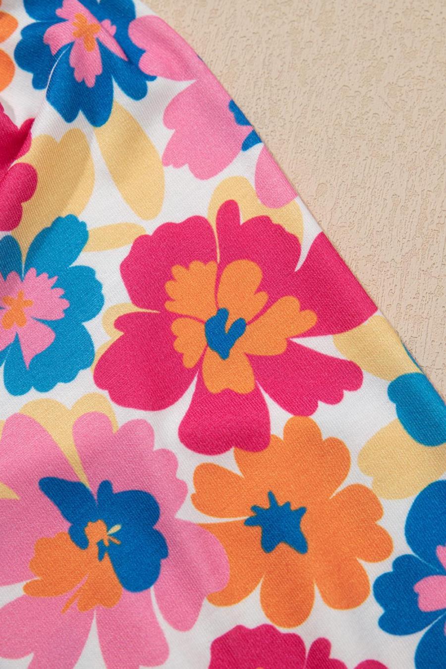 Women Blouses | Beige Floral Puff Sleeve Patchwork Round Neck Top