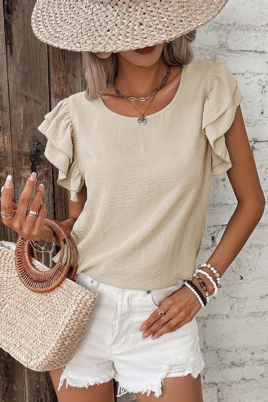 Women Blouses | Beige Solid Color Ruffle Sleeve Crinkled Blouse