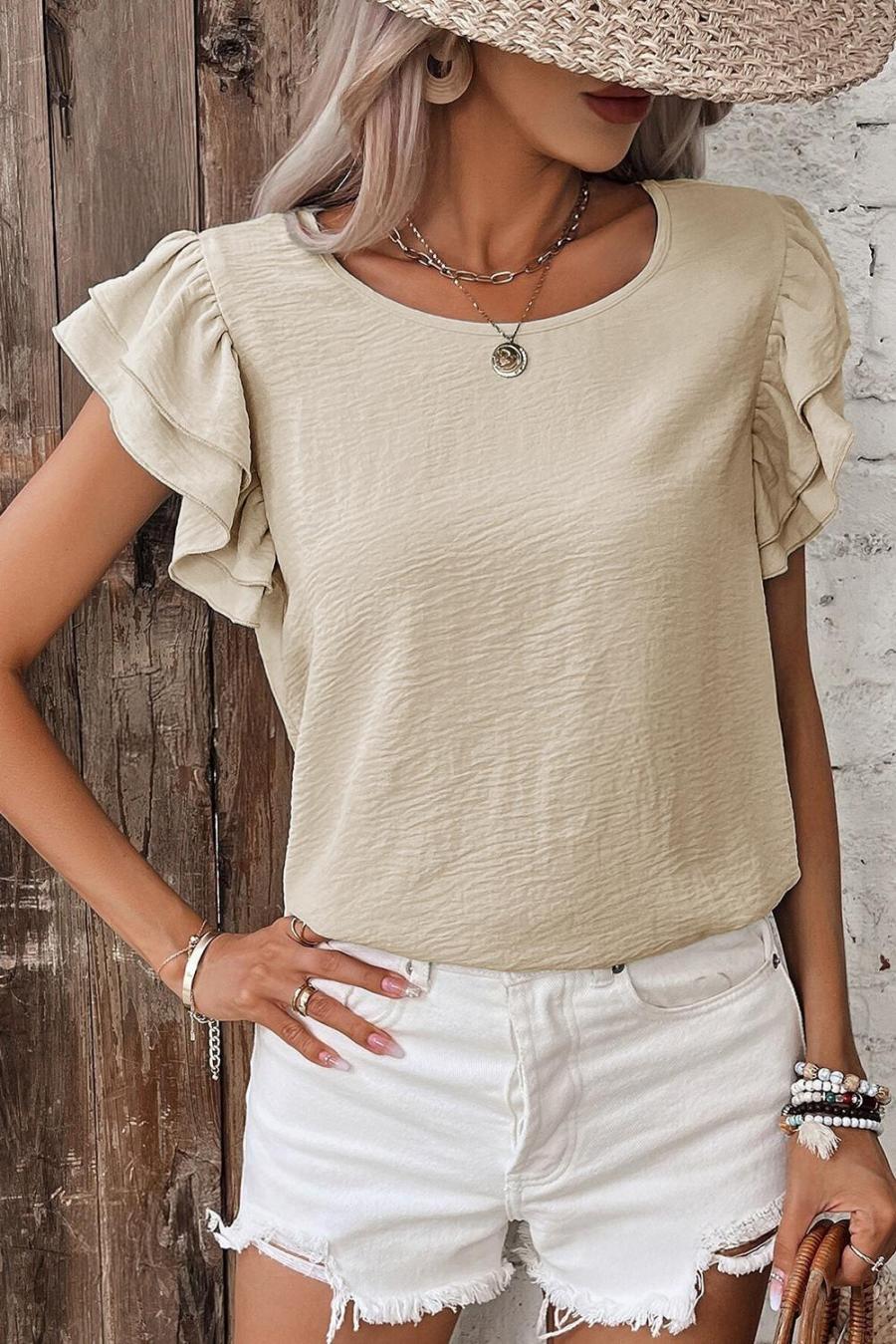 Women Blouses | Beige Solid Color Ruffle Sleeve Crinkled Blouse