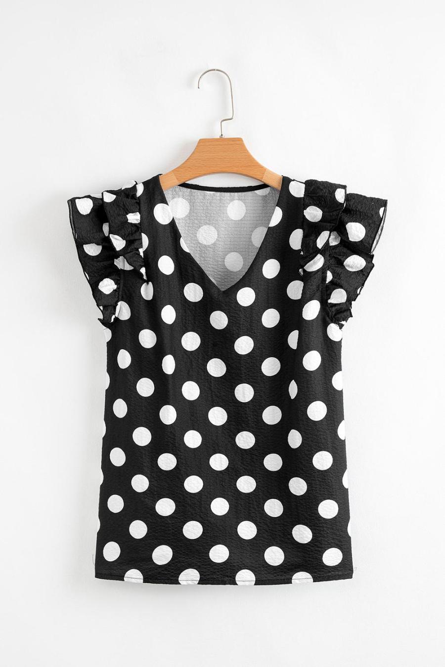 Women Blouses | Black Polka Dot Print V Neck Ruffle Blouse
