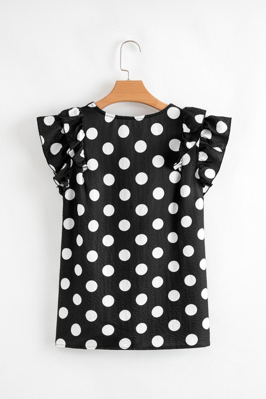 Women Blouses | Black Polka Dot Print V Neck Ruffle Blouse